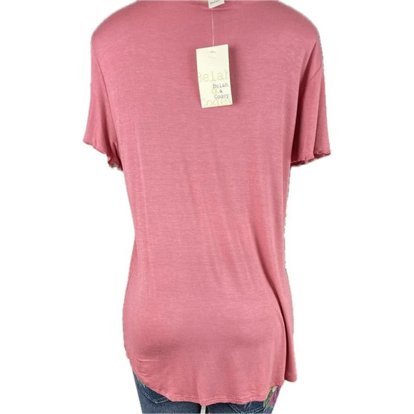 Belah & Cody XL Pink Faux Pearl Weave Applique Floral Neckline Short Sleeve Top - Picture 4 of 6